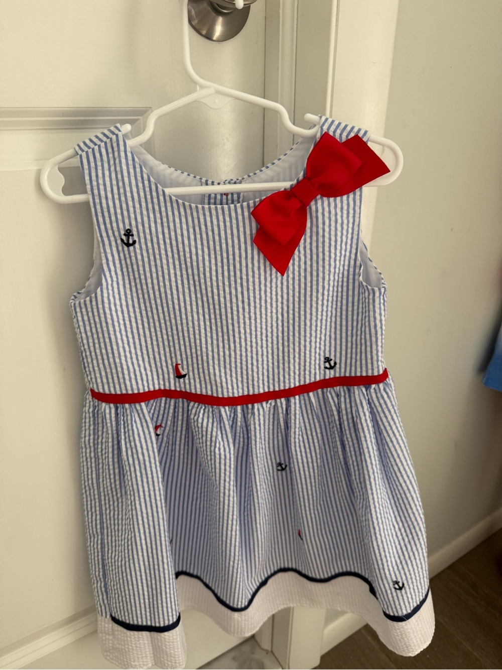 Rare Editions Blue and White Striped Nautical Dress with Red Bow